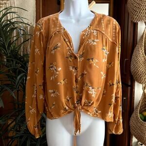 Vintage Rewind Y2K Floral Tie Front Blouse L Boho Hippie Festival Crop Top Retro